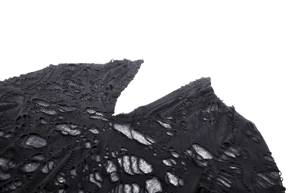 Close-up detail of black ripped hollow-out lace fabric texture on gothic hoodie