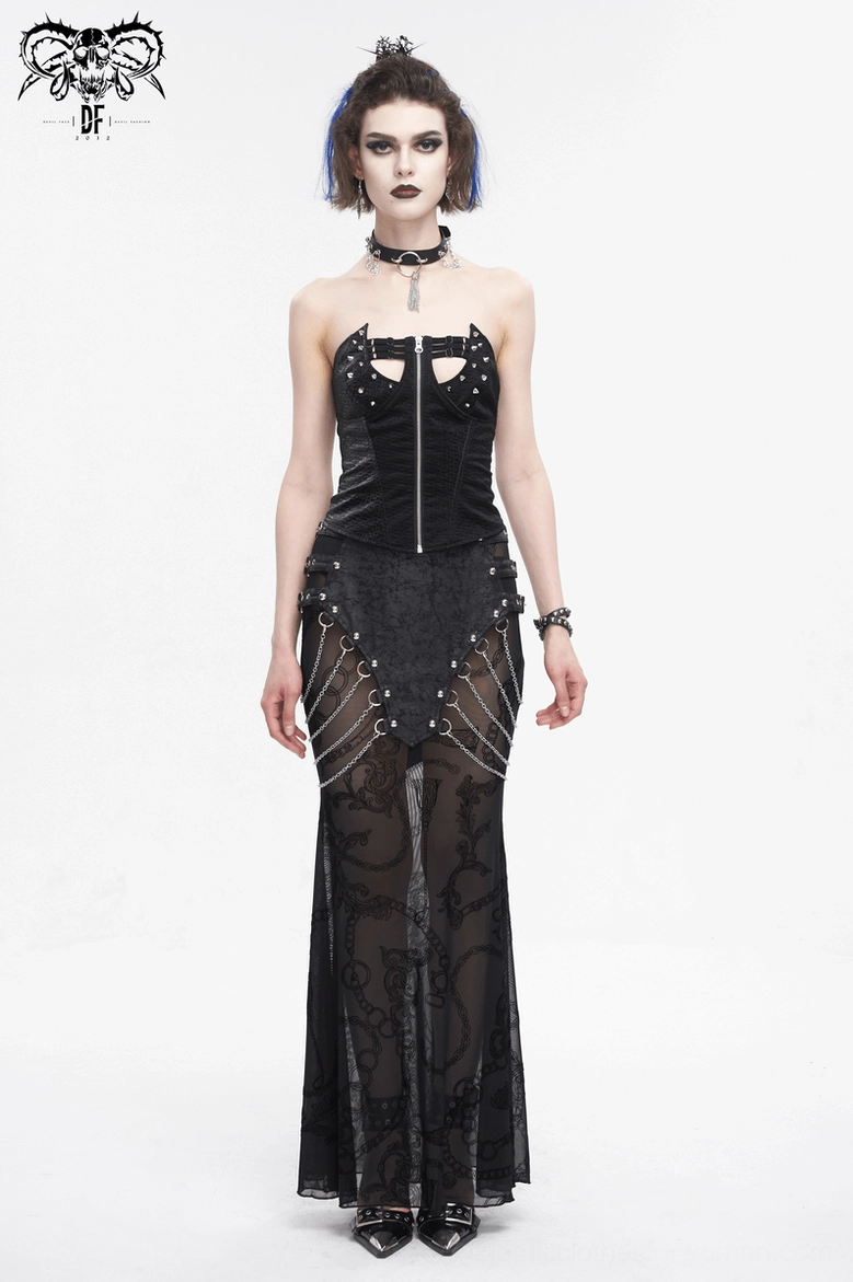 Three-quarter view of gothic corset on model showing front zipper and rivet placement