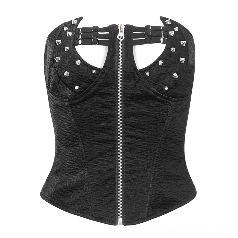 Flat lay front view of black rivet corset with metal zipper closure and shoulder straps