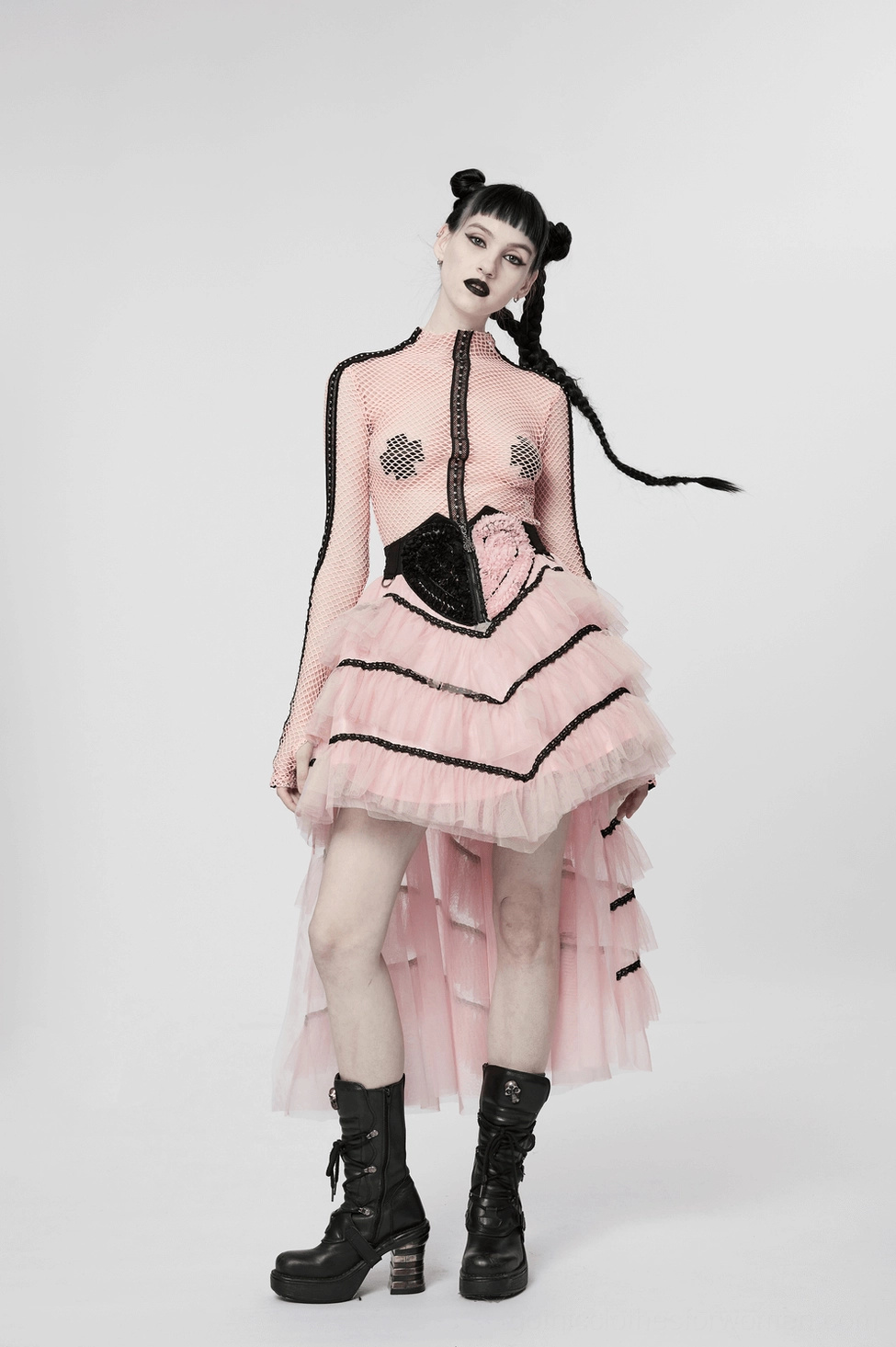 Romantic goth pink and black mesh heart skirt featuring tiered tulle construction and skeleton hand zipper for punk rock aesthetic