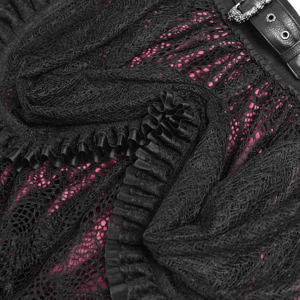 Romantic gothic black lace skirt with delicate scalloped edge and structured layered ruffle panels