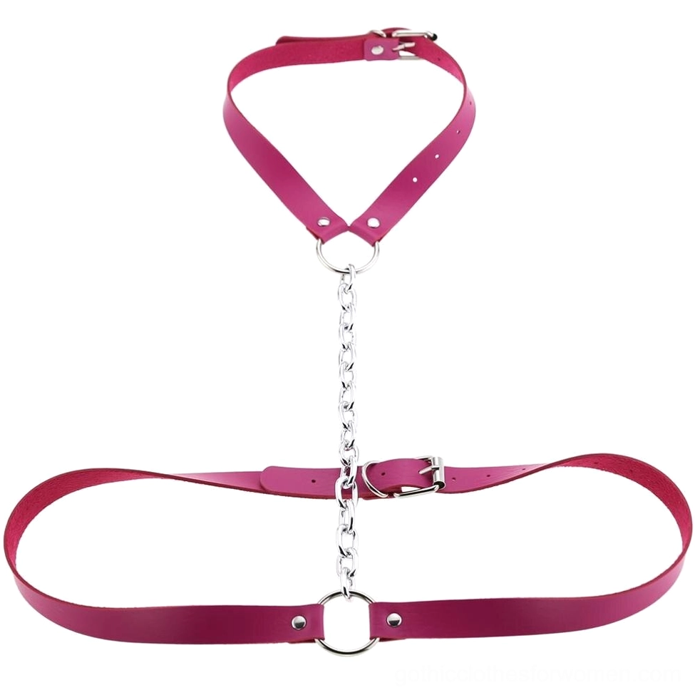 Rose pink vegan leather gothic body harness with metal chain accents and O-rings