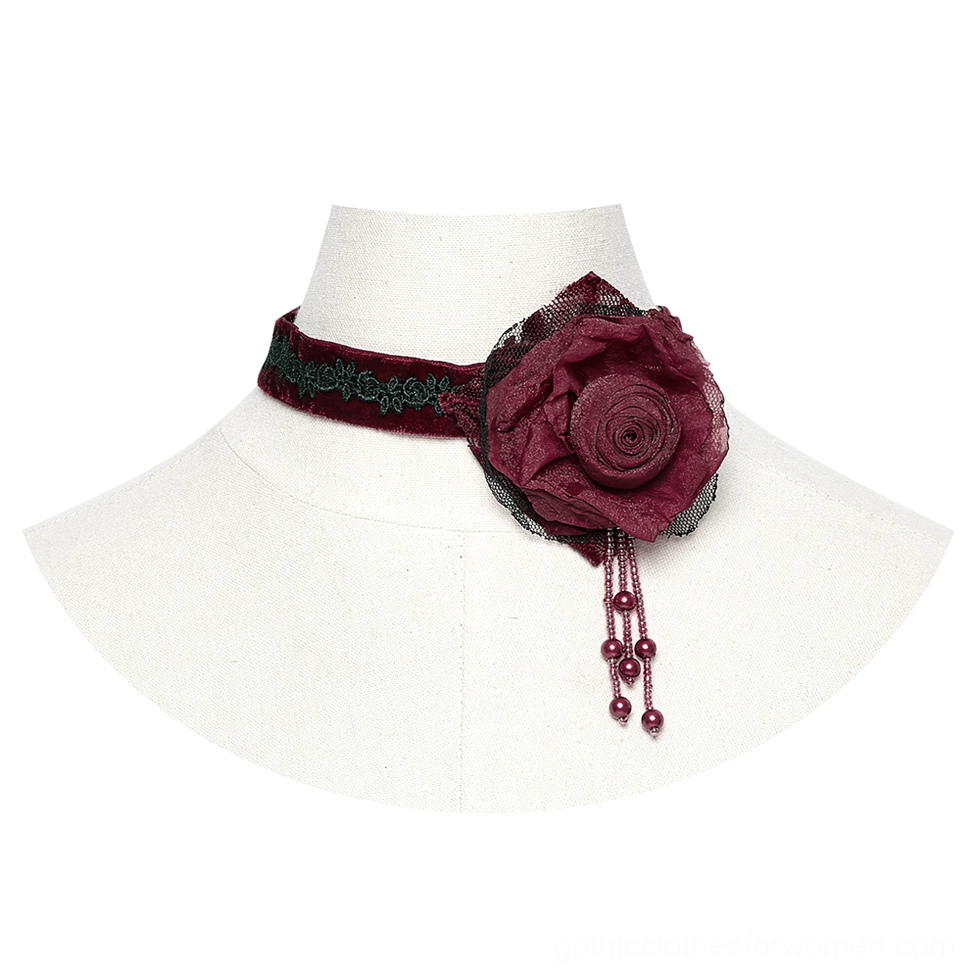 Burgundy velvet rose choker with black lace backing and bead tassel on dress form mannequin