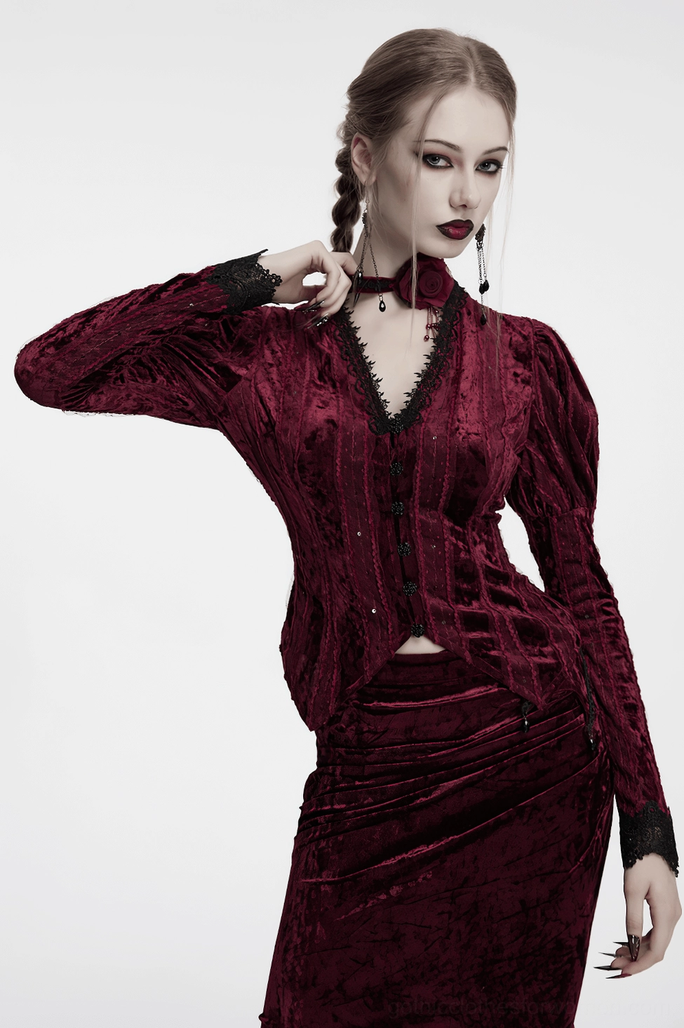 Model wearing burning rose gothic choker with wine red velvet top and black lace cuffs