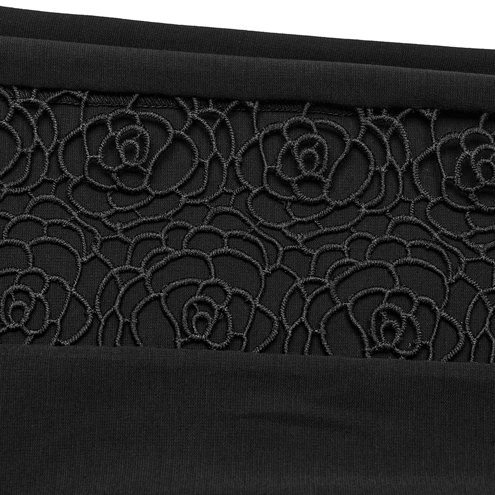 Black rose floral lace fabric texture close-up showing embossed pattern