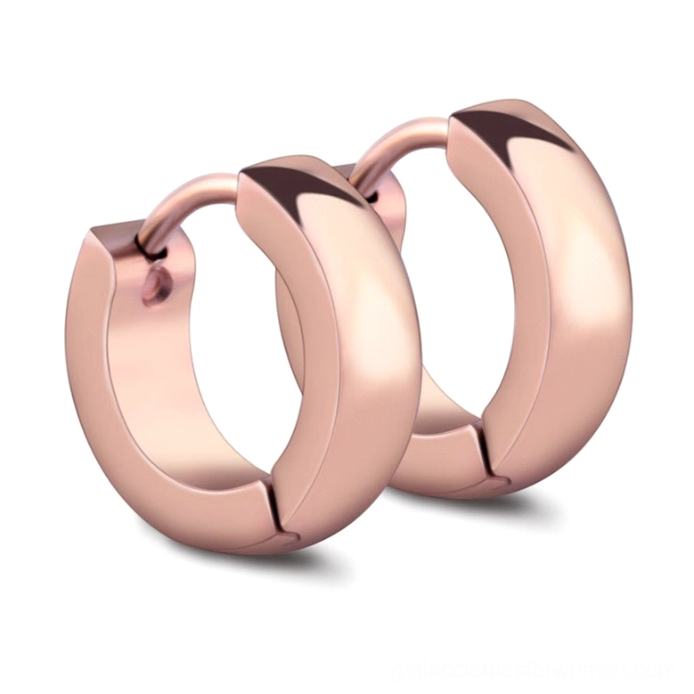 Rose gold stainless steel round stud earrings with polished finish and hinged clasp, minimalist gothic style