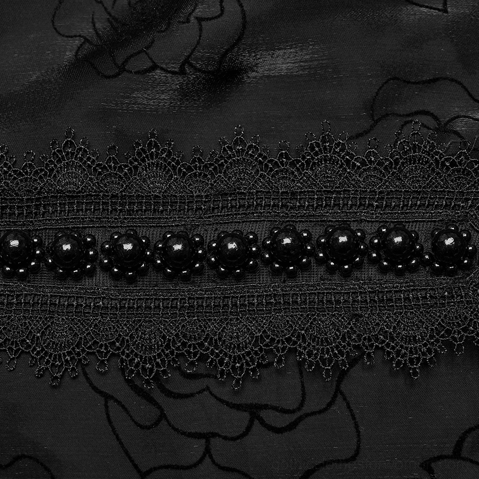 Black rose gothic blouse fabric and trim close-up - lace trim, beaded decorative elements, embroidered sheer mesh