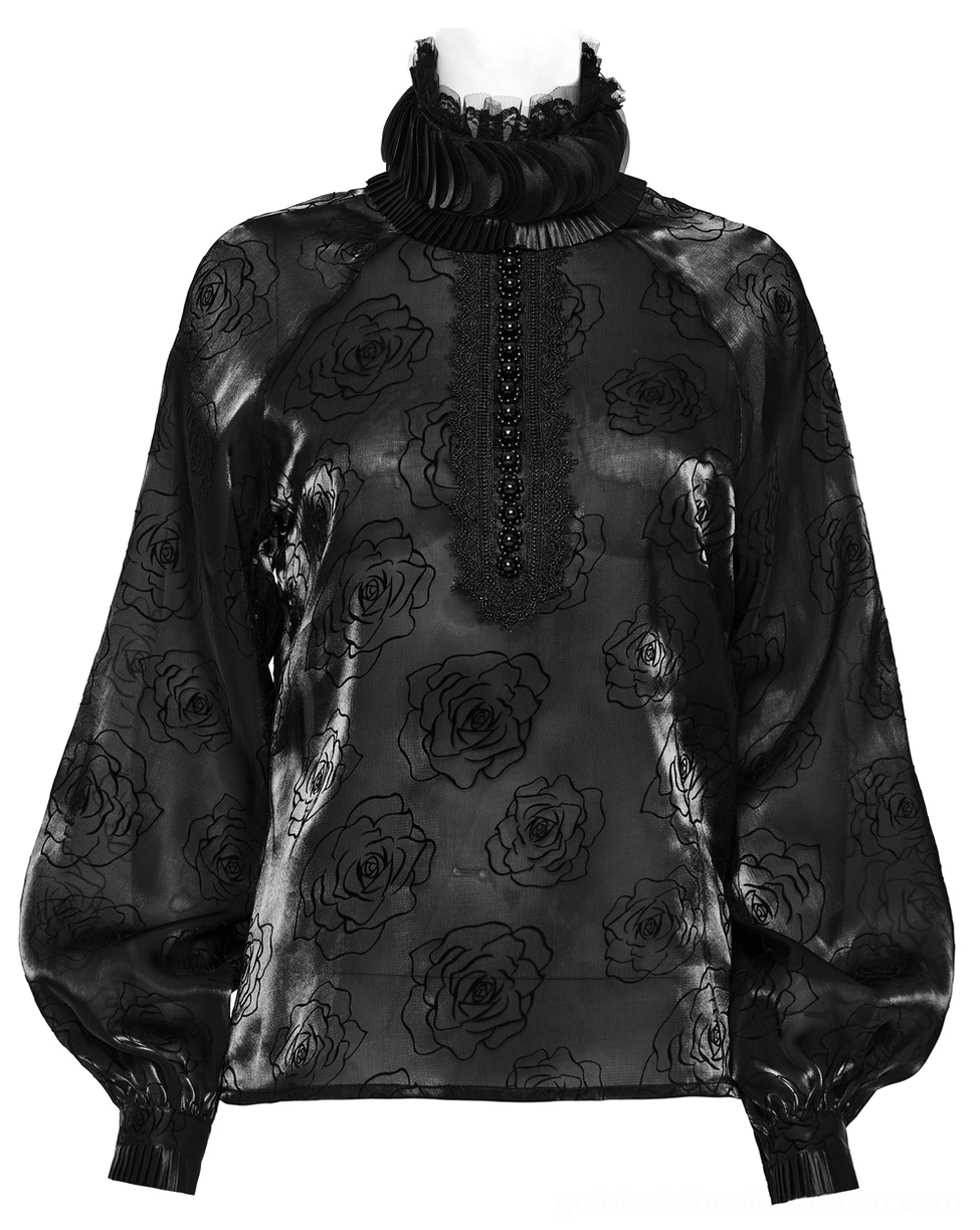 Black rose mesh gothic blouse front flat display - showing beaded trim, ruffled high neck, and flock rose pattern