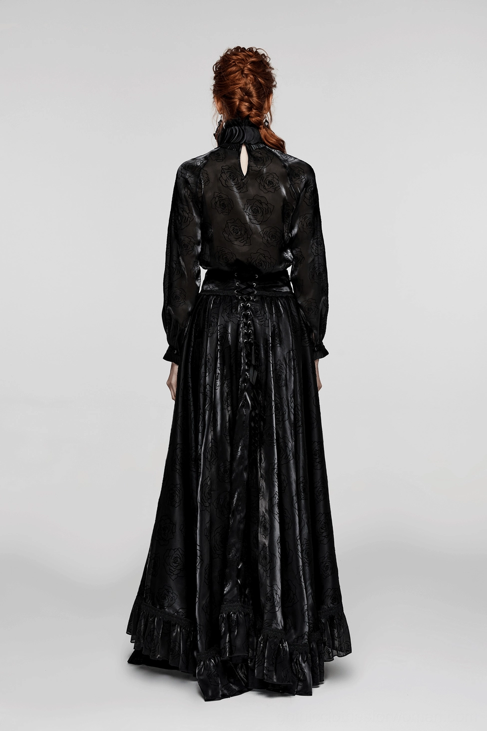 Black rose gothic mesh blouse - side profile highlighting lantern sleeves and elegant silhouette