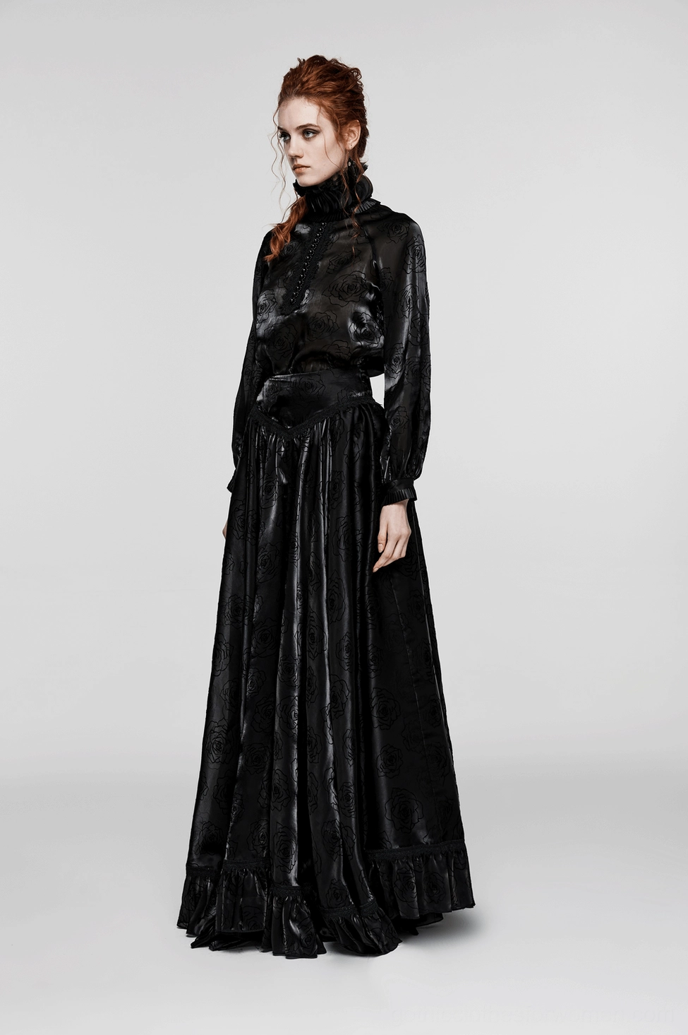 Rose flocked gothic blouse - dramatic front presentation showcasing Victorian ruffles and romantic aesthetic