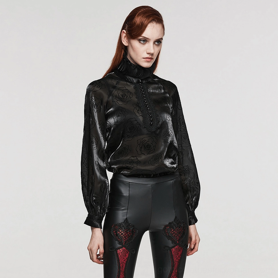 Rose flocked gothic mesh blouse - alternative angle showing sheer mesh and decorative embellishments