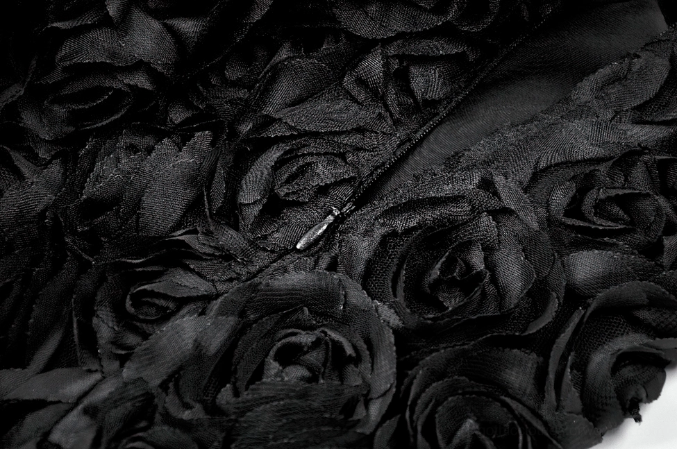 Black rose 3D textured gothic shorts detail view of appliqué craftsmanship and lace trim edge