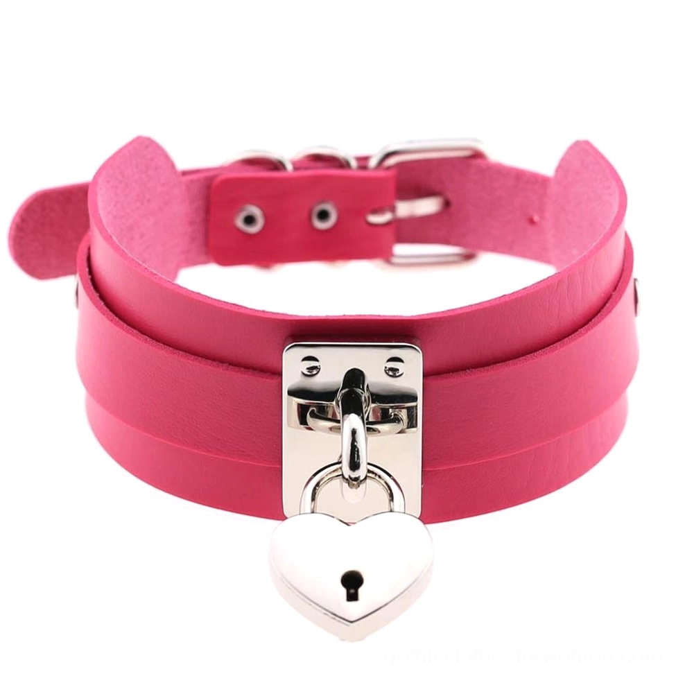 Rose tone gothic leather heart lock choker with silver hardware - soft romantic option