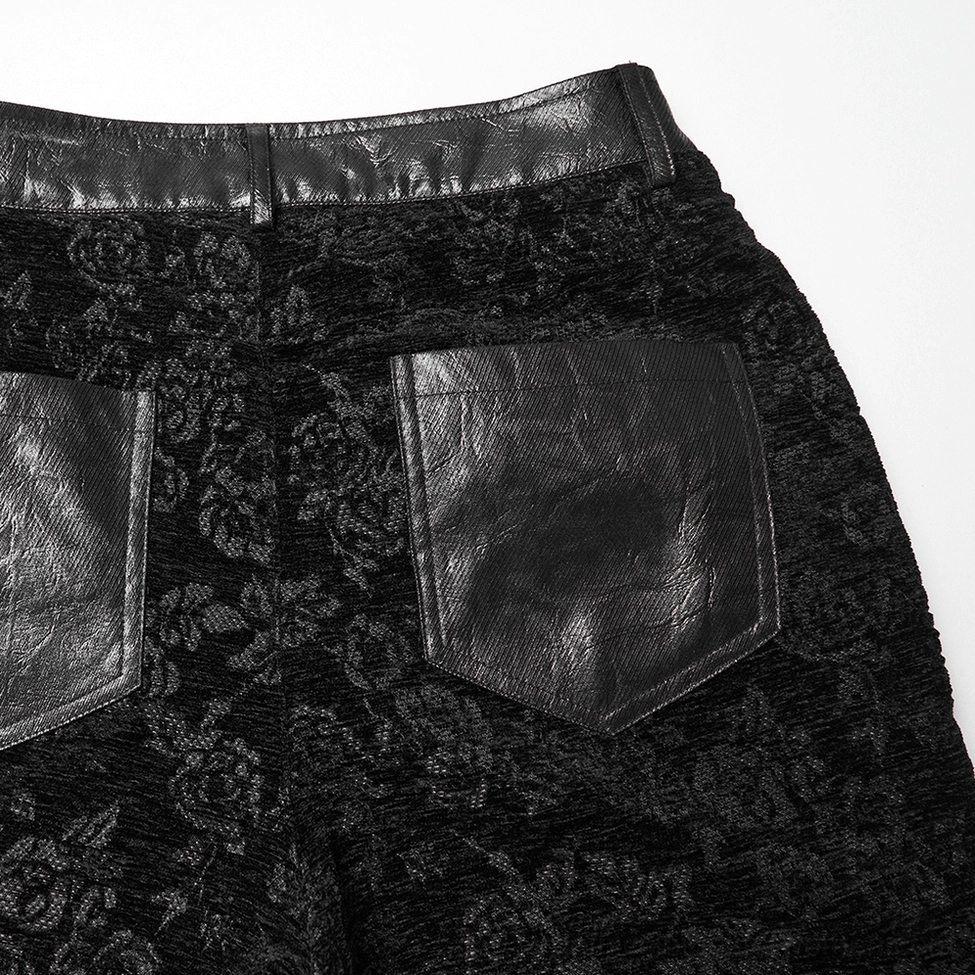 Rose jacquard gothic flared pants texture detail - black velvet and jacquard weave pattern, premium fabric composition