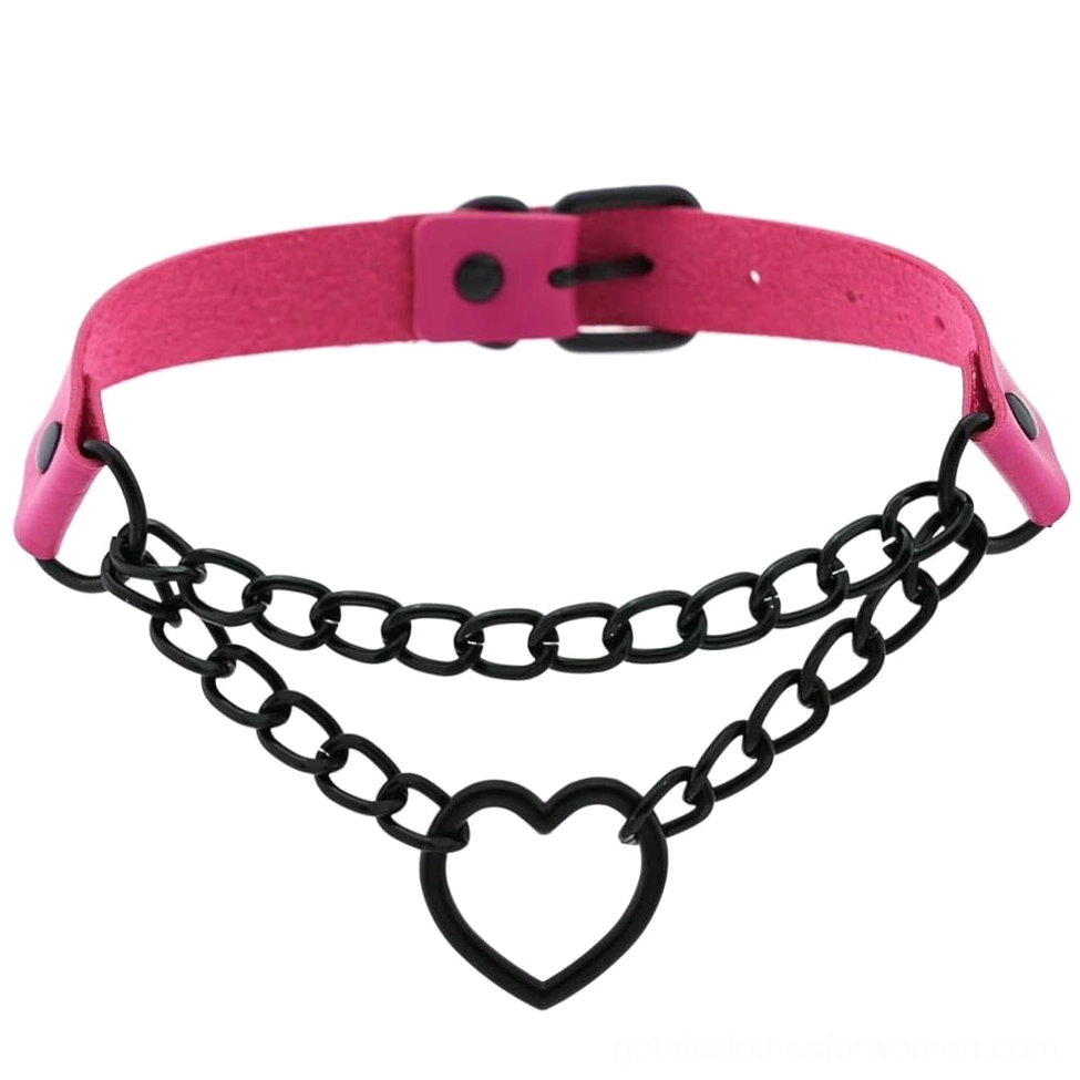 Rose pink PU leather heart choker with black chain details and adjustable closure for gothic fashion