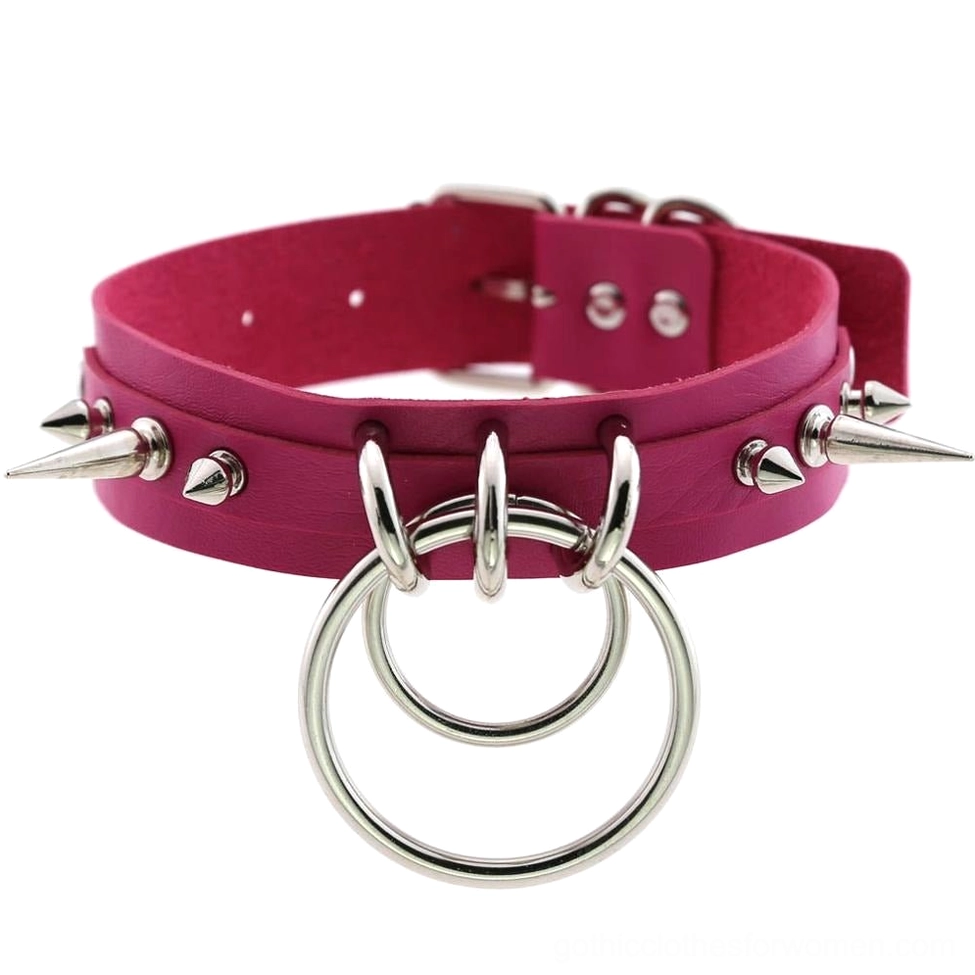 Rose pink spiked leather gothic choker necklace with silver metal spikes, dual O-rings, and adjustable strap