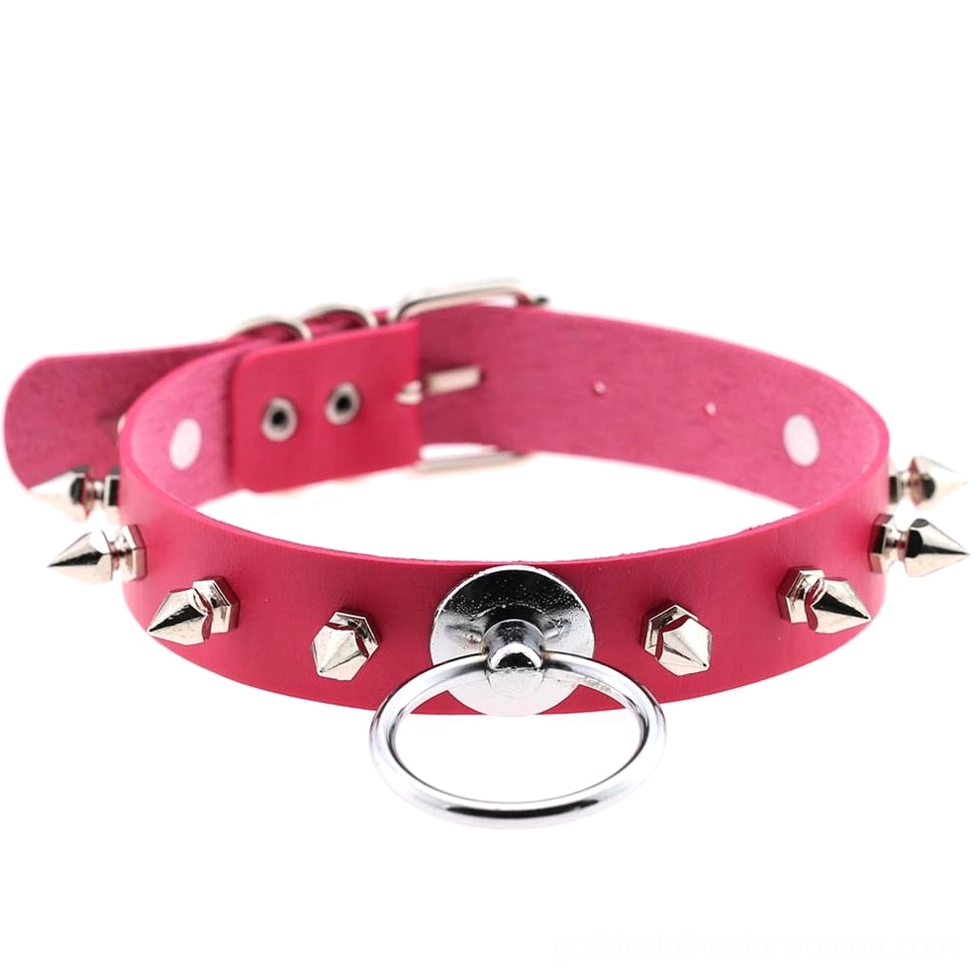 Hot pink studded leather gothic choker with polished metal spikes and central O-ring closure
