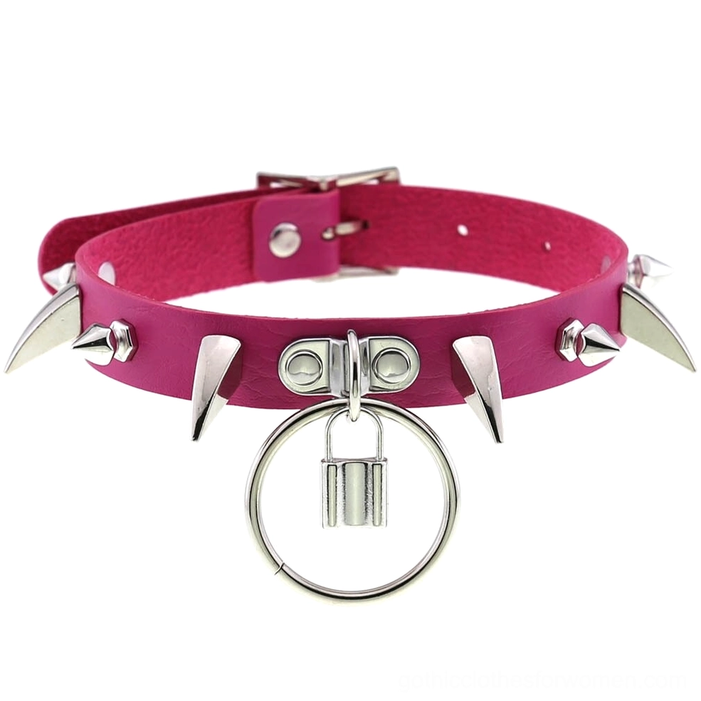 Rose red romantic gothic spiked choker with lock charm and adjustable buckle