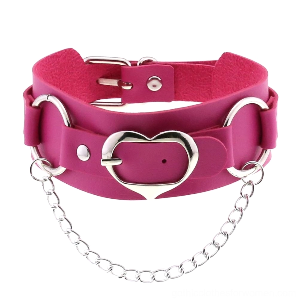 Rose red leather heart choker with silver hardware and adjustable chain closure