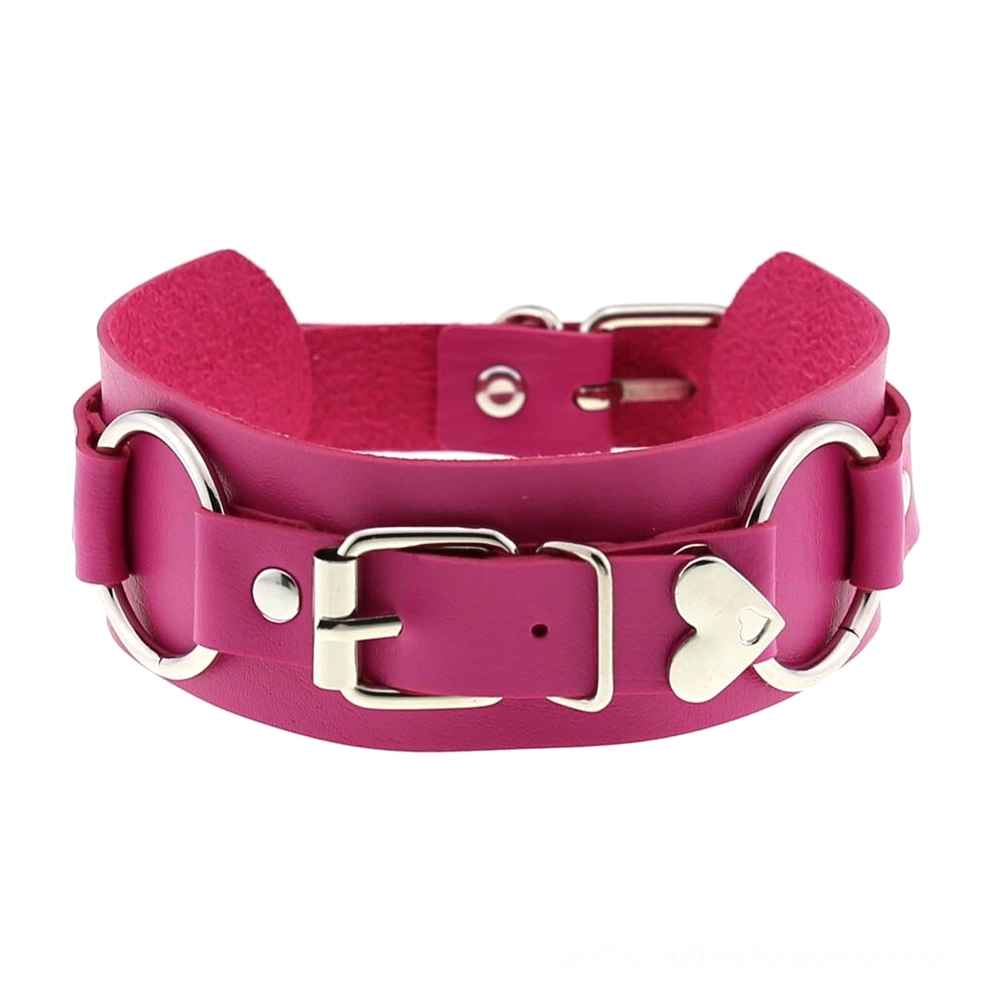 Rose red leather choker collar with silver buckles and decorative heart pendant