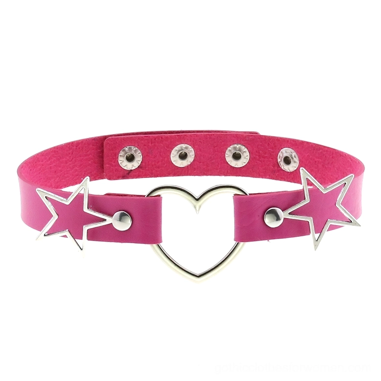 Rose red PU leather heart and star choker necklace with silver metal embellishments and adjustable snap buttons displayed flat