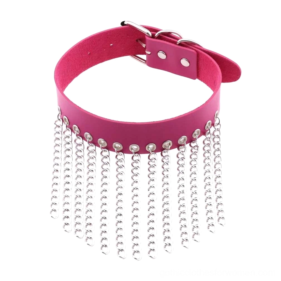 Rose red leather choker with silver chain details punk gothic fashion accessory