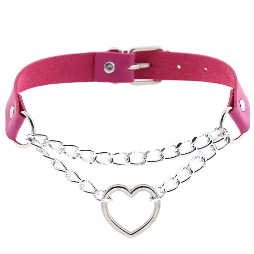 Rose red PU leather heart choker with dual metal chains - gothic necklace
