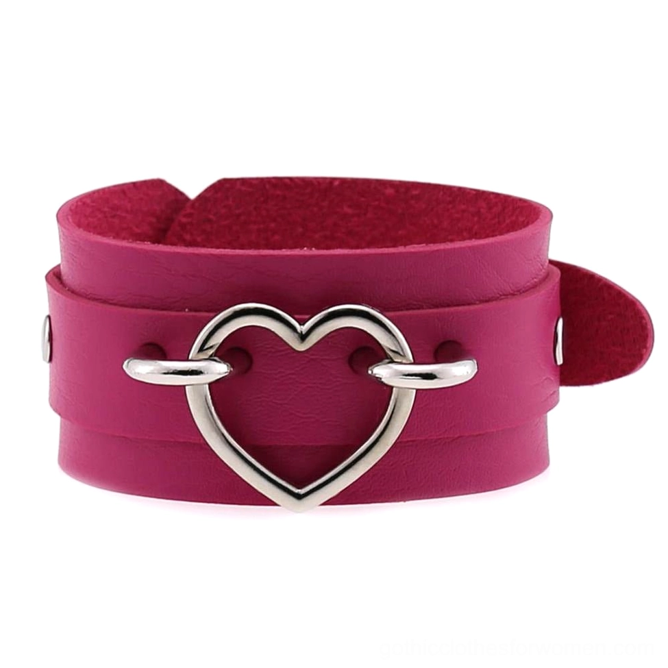 Rose red leather gothic heart cuff bracelet with silver heart buckle, romantic goth style front display