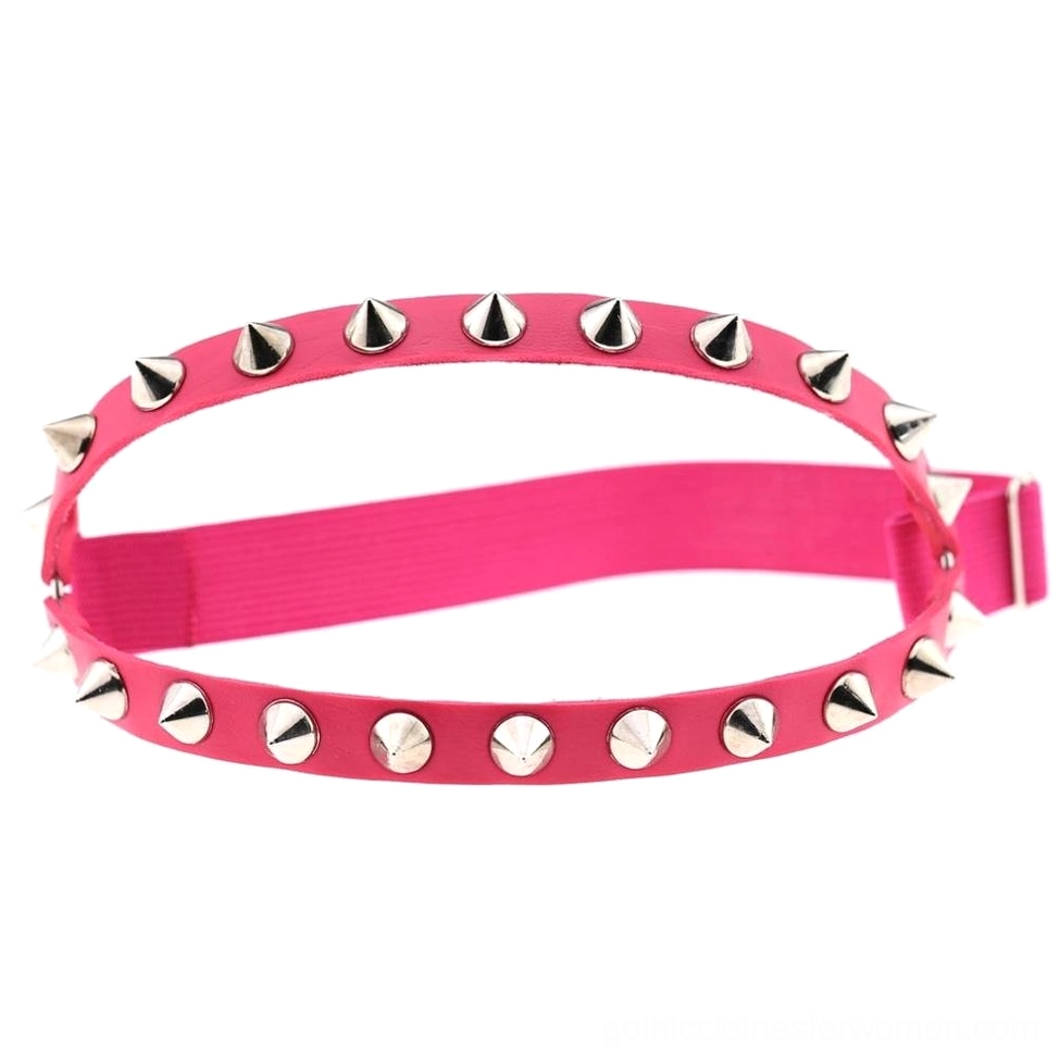 Rose red romantic goth leather leg garter with silver cone and round rivets adjustable buckle closure