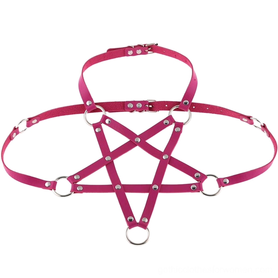 Rose red PU leather pentagram body harness featuring adjustable buckles and silvery metal accents