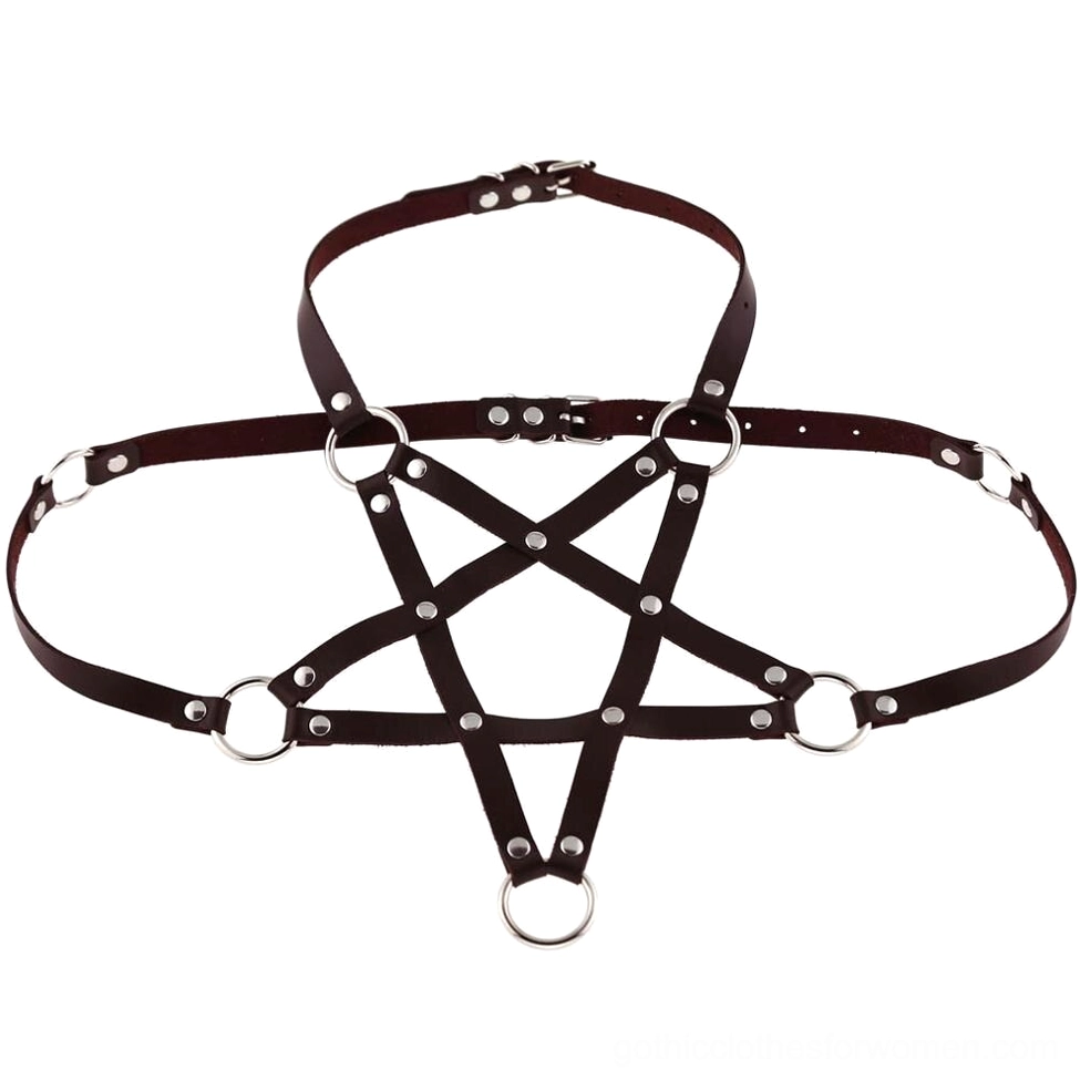 Dark red rose pentagram PU leather harness flat display showing metal rivets and geometric strap intersection