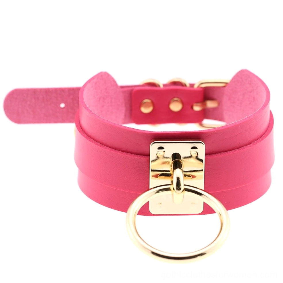 Rose red PU leather double-layer bondage choker with gold hardware, romantic goth statement necklace
