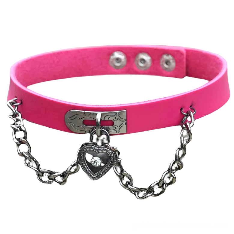 Rose red PU leather gothic choker necklace with heart-shaped lock pendant and silver chain - product photo