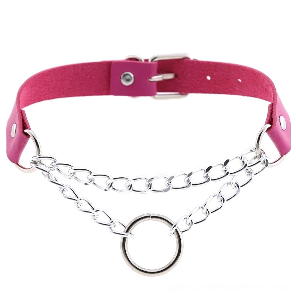 Rose red PU leather gothic choker with dual silver chains, metal ring accent, and adjustable ring buckle closure