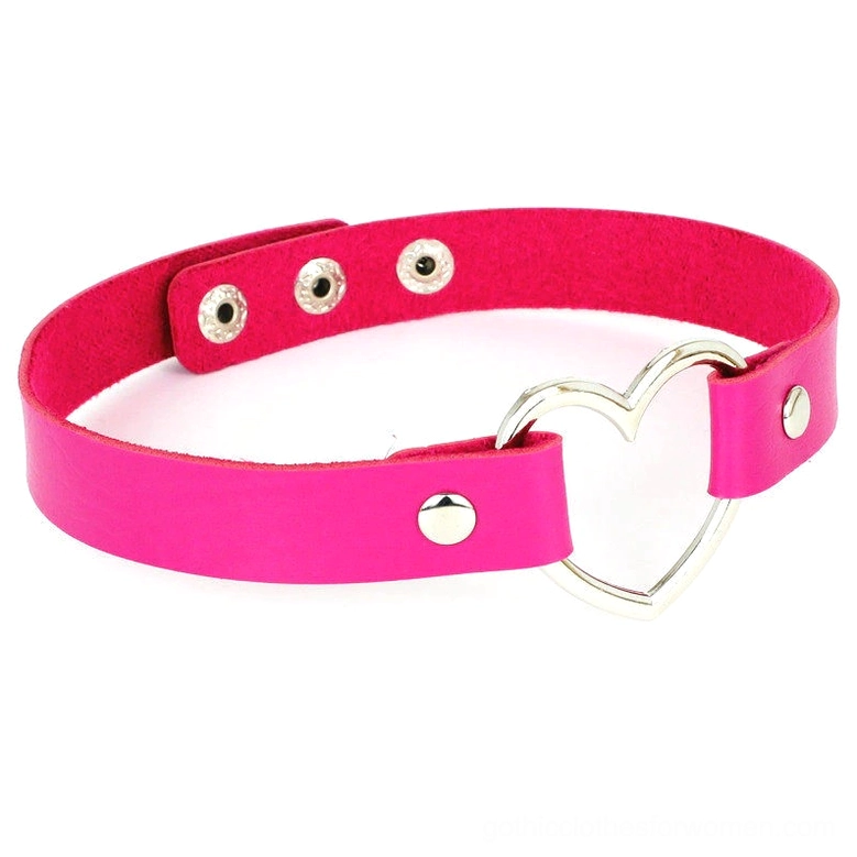 Rose red hot pink PU leather heart choker necklace with silver heart buckle on white background