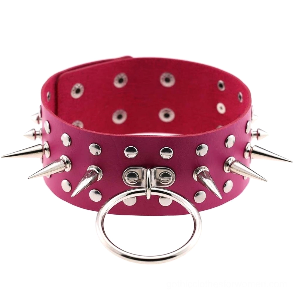 Rose red spiked leather choker necklace with metal studs alternative goth fashion jewelry