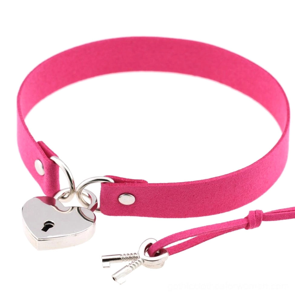 Rose red suede heart lock choker collar with silver lock detail - romantic gothic aesthetic