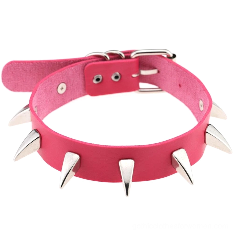 Rose spiked leather gothic choker with soft pink tone and silver cone rivet accents