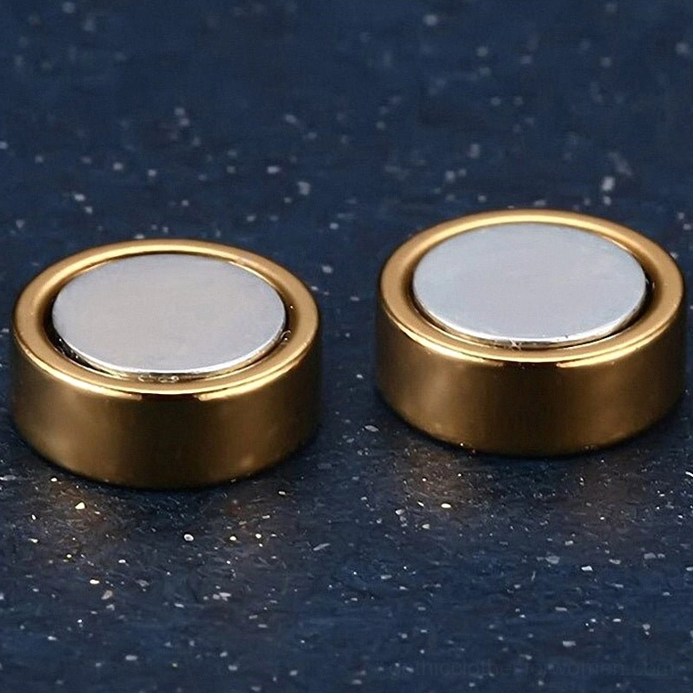 Round polished magnetic stud earring front view, stainless steel gothic minimalist no-pierce design