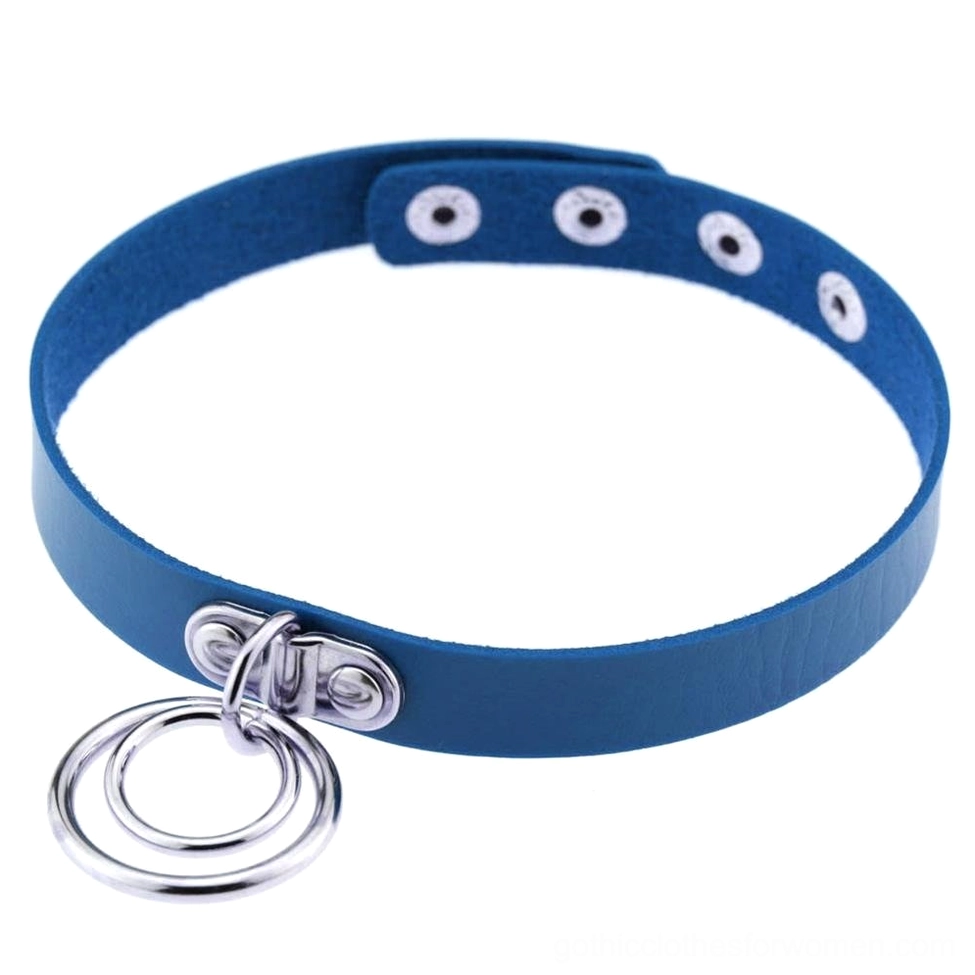 Royal blue adjustable gothic choker with single metal ring accent and snap fastener