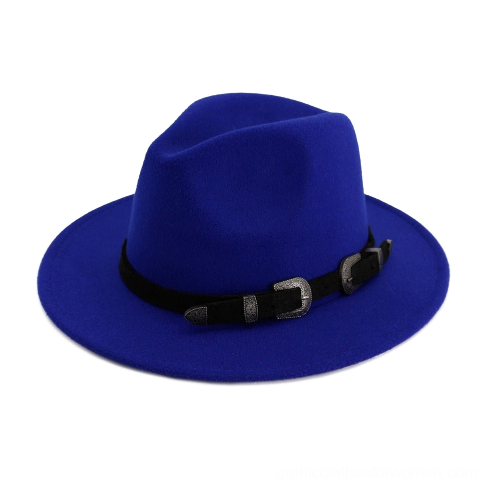 Royal blue gothic fedora hat with smooth felt fabric and vintage metal buckle leather band
