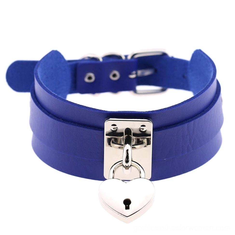 Royal blue gothic leather heart lock choker necklace with silver hardware - color variation