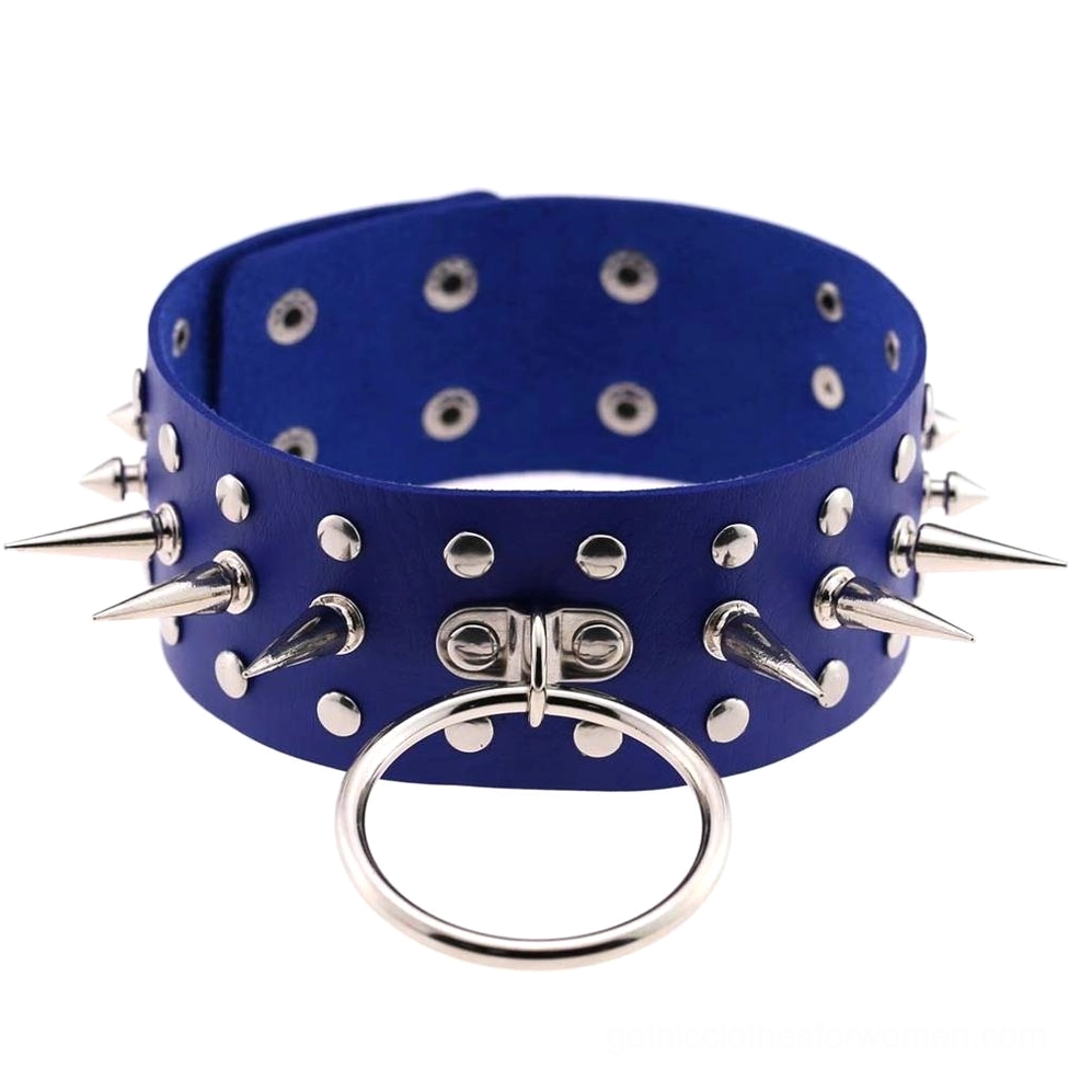 Royal blue PU leather spiked choker necklace with silver metal studs flat lay display on white background
