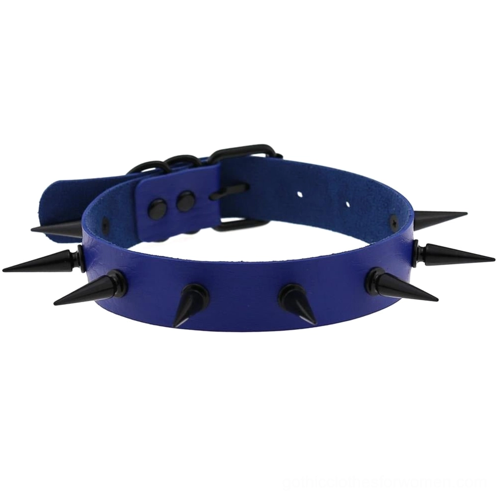 Royal blue spiked choker collar with black iron studs and black hardware, alternative fashion accessory