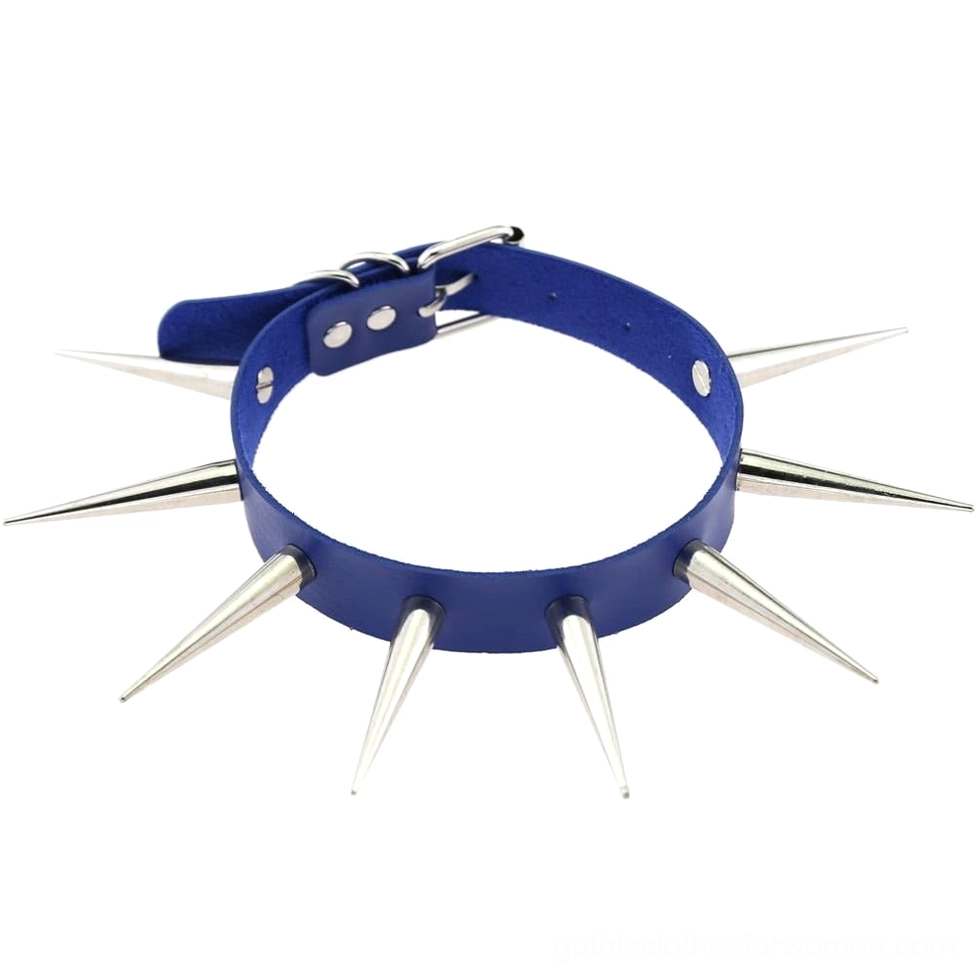 Royal blue faux leather gothic choker with metal spikes flat lay on white background showing necklace full view