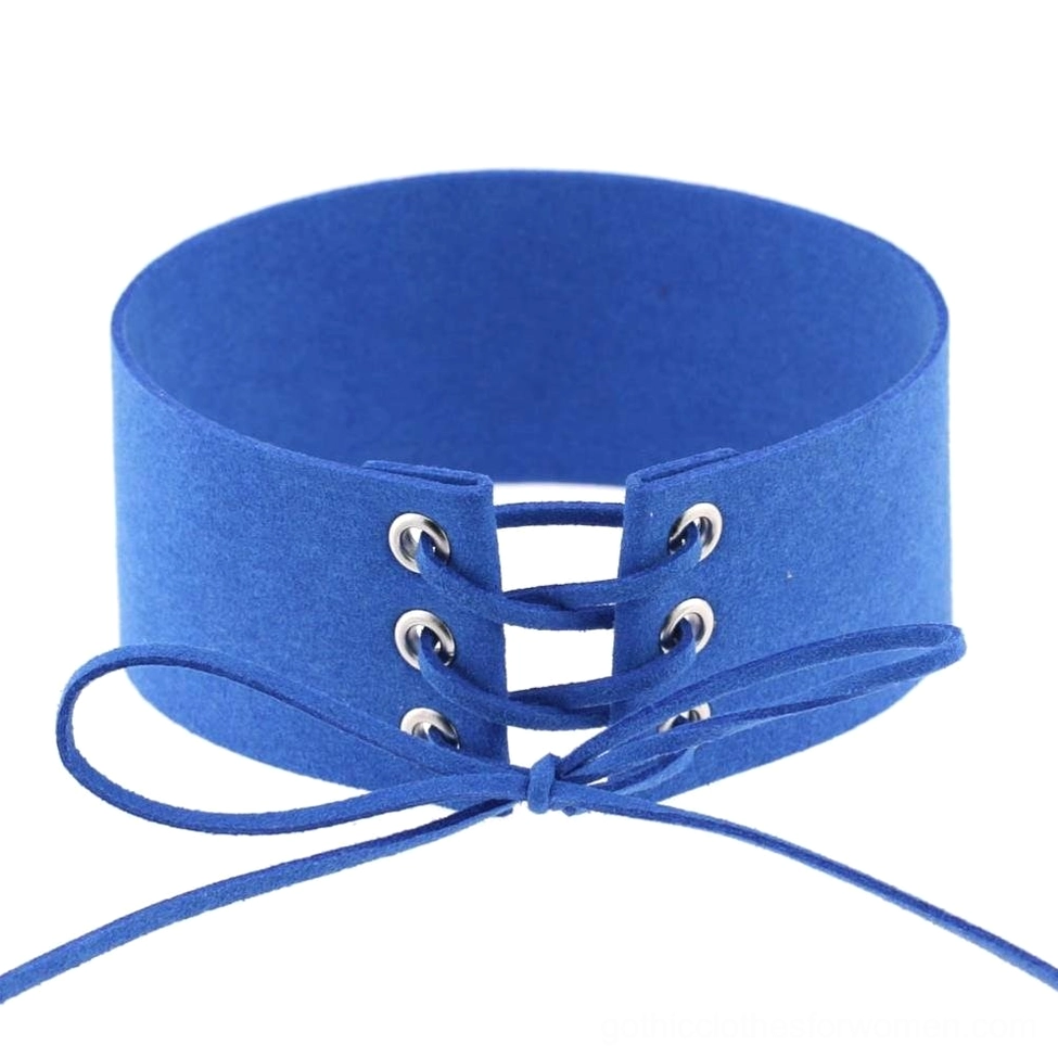Royal blue lace-up velvet choker featuring silver grommet hardware details