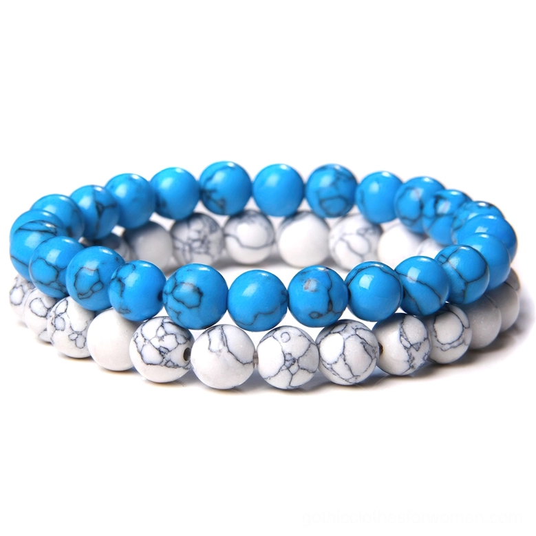 Royal blue and veined white natural stone beaded bracelet, gothic minimalist dual-layer wristband, flat lay view