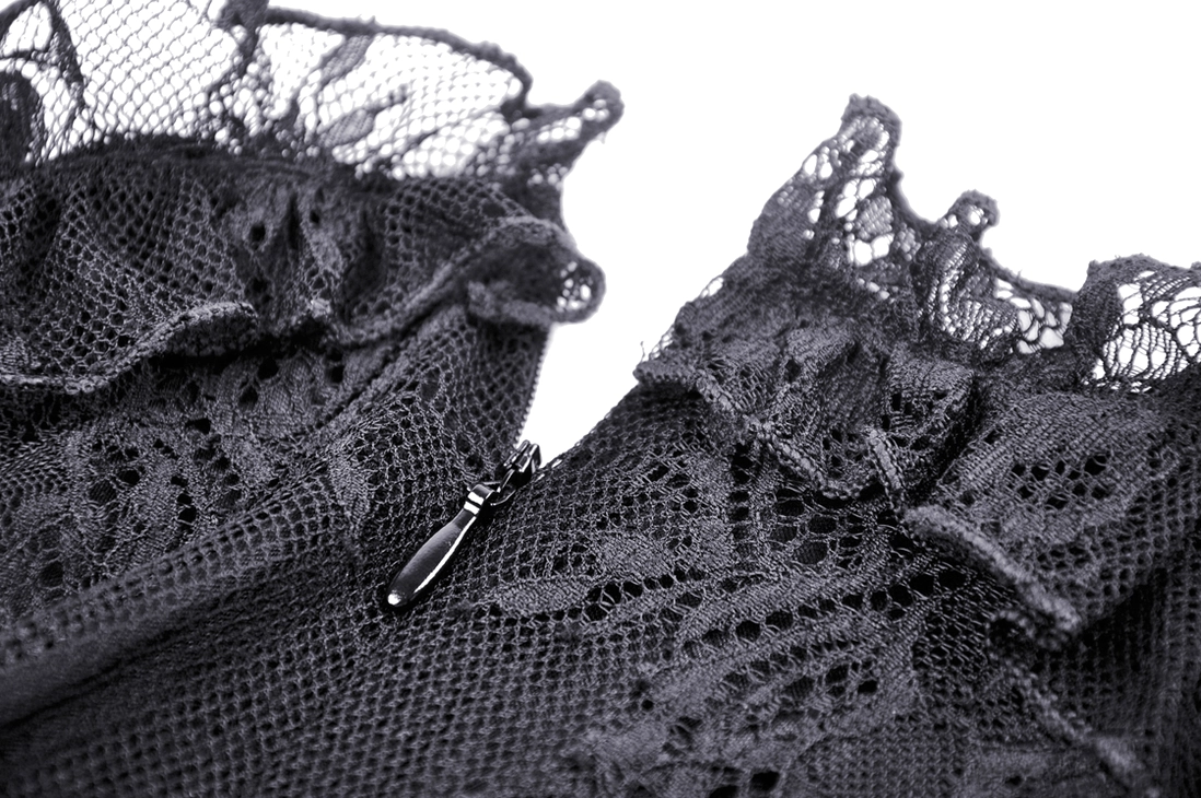 Off-shoulder ruffled lace neckline and hidden zipper detail on black gothic mini dress