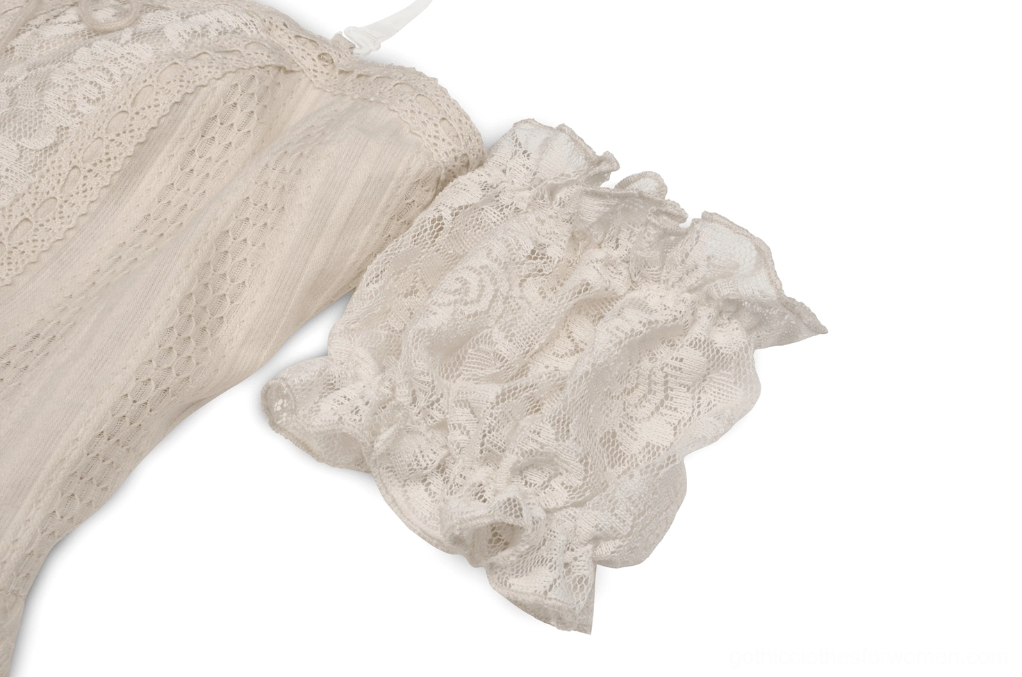 Ruffled sleeve cuff close-up showing intricate floral lace detailing on the gothic mini dress ruffles