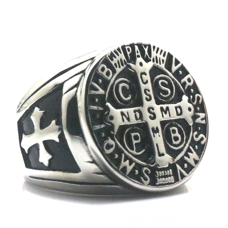 Saint Benedict cross gothic ring three-quarter side view with CSPB CSSML NDSMD engravings and black enamel detailing